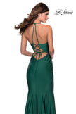 Picture of: Long Chiffon Prom Dress with Unique Lace Up Back in Emerald, Style 28552, Detail Picture 2
