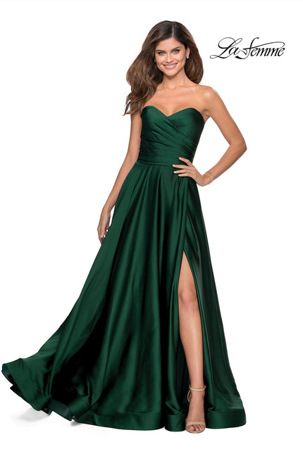 Picture of: Strapless Satin Gown with Pleated Bodice and Slit in Emerald, Style: 28608, Detail Picture 2