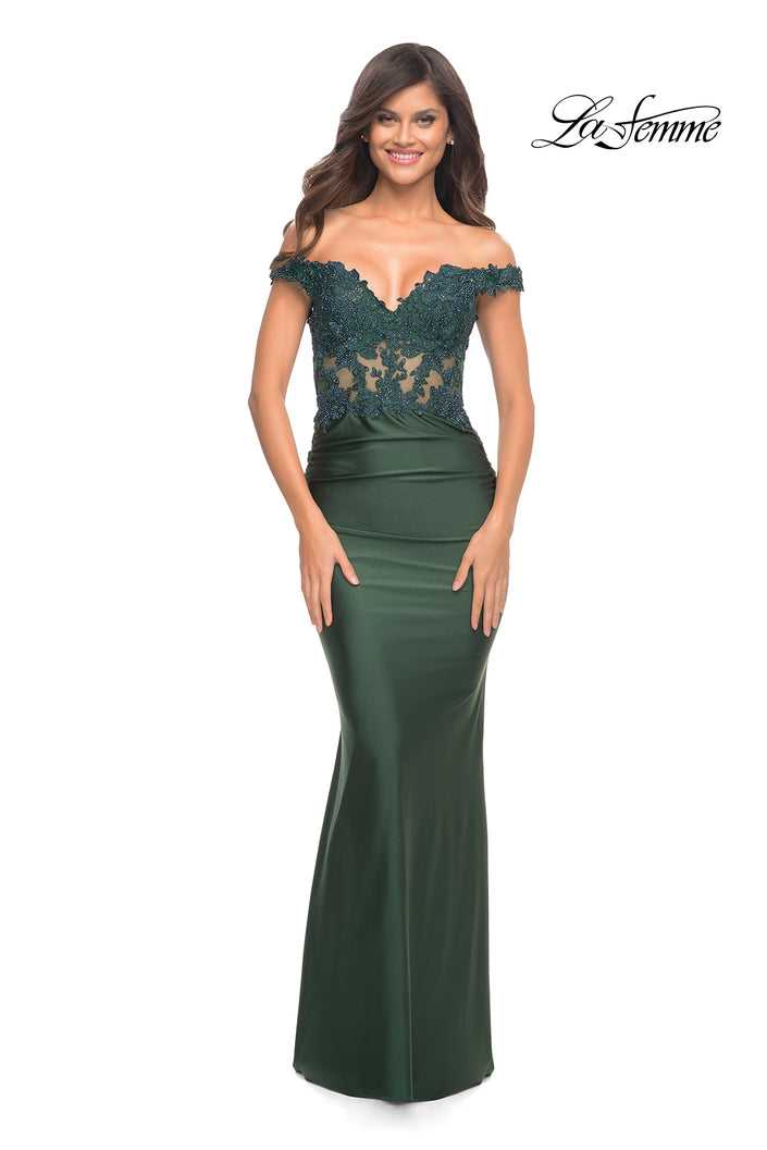Picture of: Illusion Lace Top with Jersey Long Gown in Green, Style: 30741, Detail Picture 2