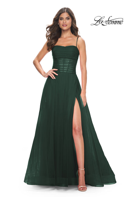Picture of: A-line Square Neck Tulle Ballgown with Illusion Waist in Emerald, Style: 32017, Detail Picture 2