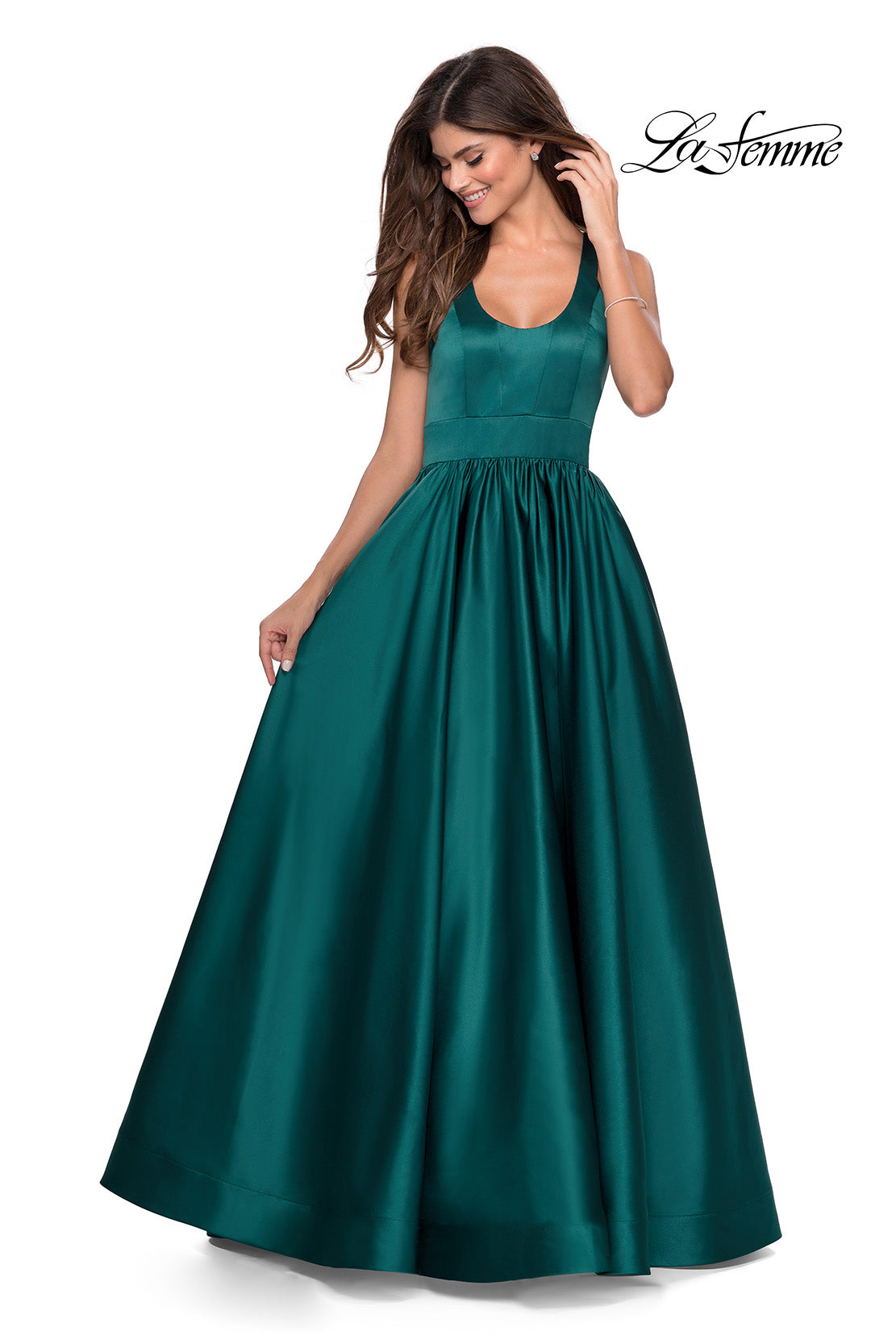 Picture of: Satin Ball Gown with Criss Cross Back and Pockets in Emerald, Style: 28281, Detail Picture 5