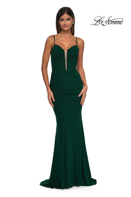 Picture of: Ruched Corset Top Prom Dress with Deep V in Emerald , Style: 32642, Detail Picture 3