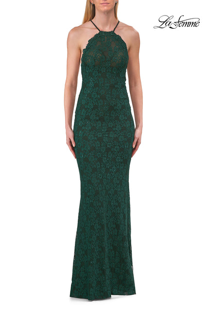 Picture of: Lace Prom Dress with Scalloped Neckline and Open Back in Emerald, Style: 33648, Detail Picture 3