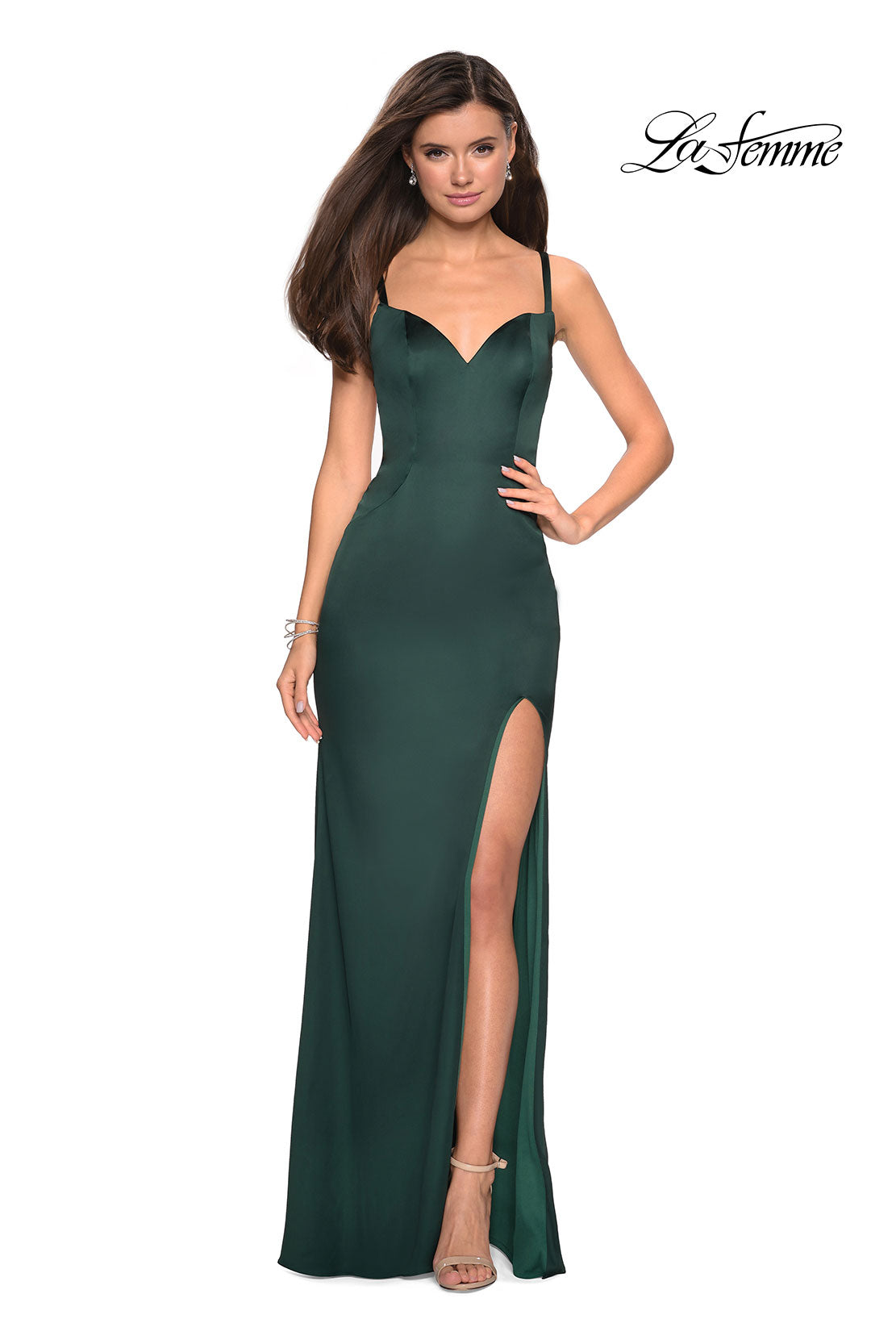 Picture of: Sultry Form Fitting Stretch Satin Dress with Leg Slit in Emerald, Style: 27617, Detail Picture 4