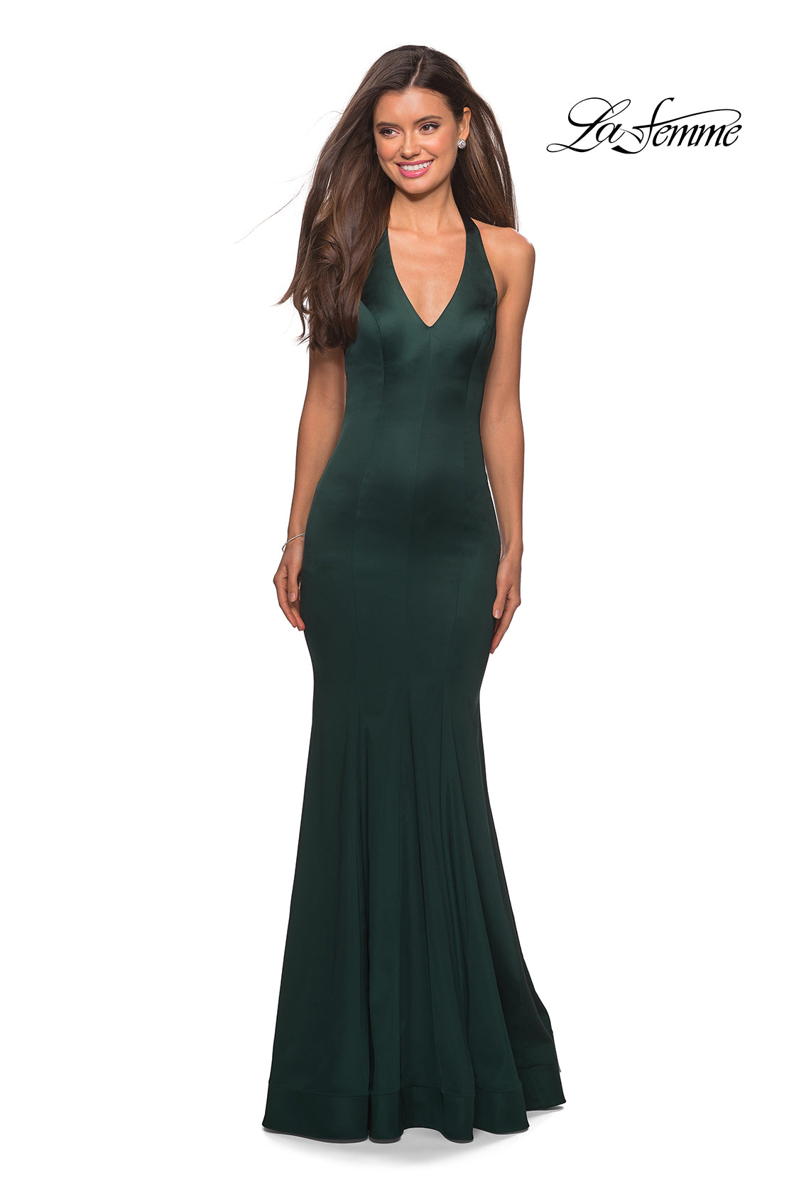 Picture of: Form Fitting Halter Satin Dress with Open Back in Emerald, Style: 27653, Detail Picture 4