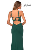 Picture of: Jersey Prom Gown with Lace Up Back and Slit in Emerald, Style: 28653, Detail Picture 4