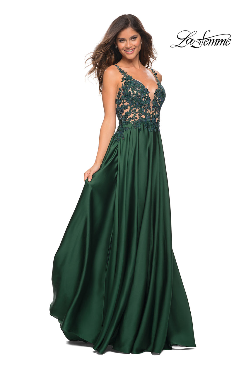 Picture of: Gorgeous Satin Gown with Sheer Lace Bodice in Emerald, Detail Picture 4
