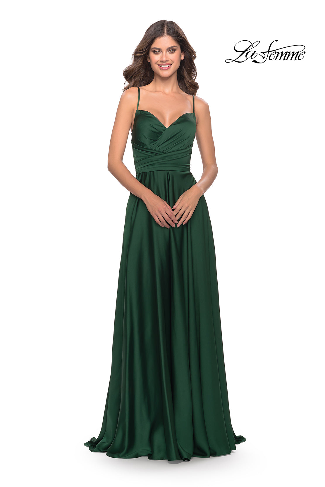 Picture of: Luxury Satin Gown with Criss Cross Bodice in Emerald, Style: 31233, Detail Picture 4