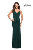 Picture of: Net Jersey Long Ruched Gown with Slit and Open Back in Emerald, Style: 30393, Detail Picture 6