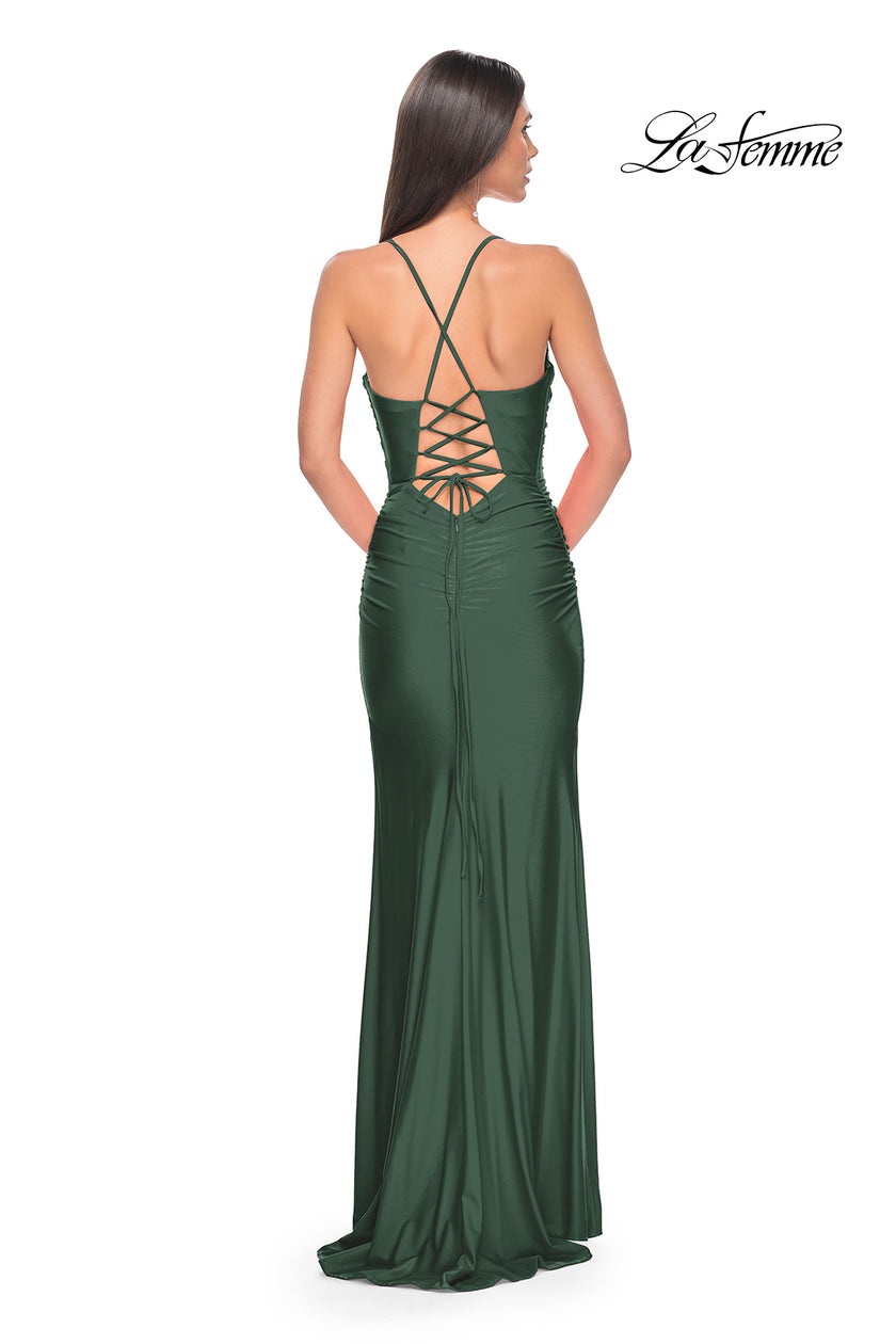 Picture of: Ruched Jersey Prom Dress with Slit in Jewel Tones in Emerald, Style 31130, Detail Picture 6