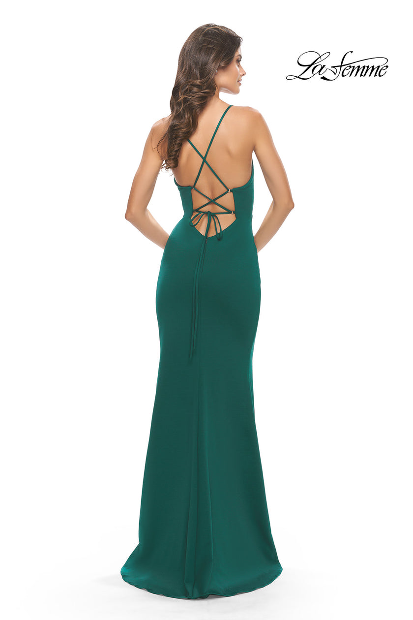 Picture of: Fitted Matte Jersey Gown with Unique Deep V Neckline in Emerald, Style: 31370, Detail Picture 7