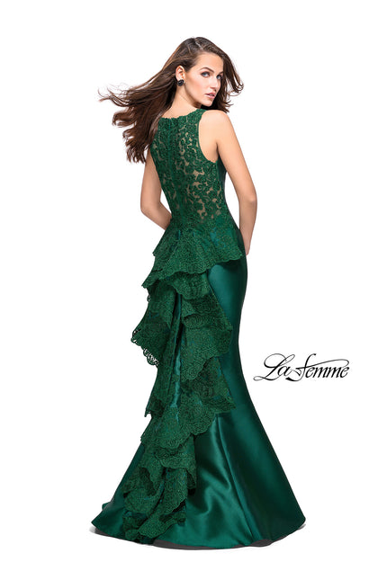 Picture of: Long Mermaid Gown with Lace Back and Ruffles in Forest Green, Style: 26217, Main Picture