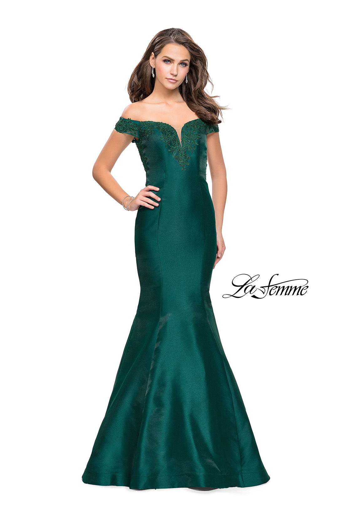 Picture of: Off The Shoulder Mikado Mermaid Gown with Lace in Forest Green, Style: 26001, Detail Picture 1