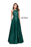 Picture of: Long A-line Beaded Mikado Prom Dress with Pockets in Forest Green, Style: 26162, Detail Picture 1
