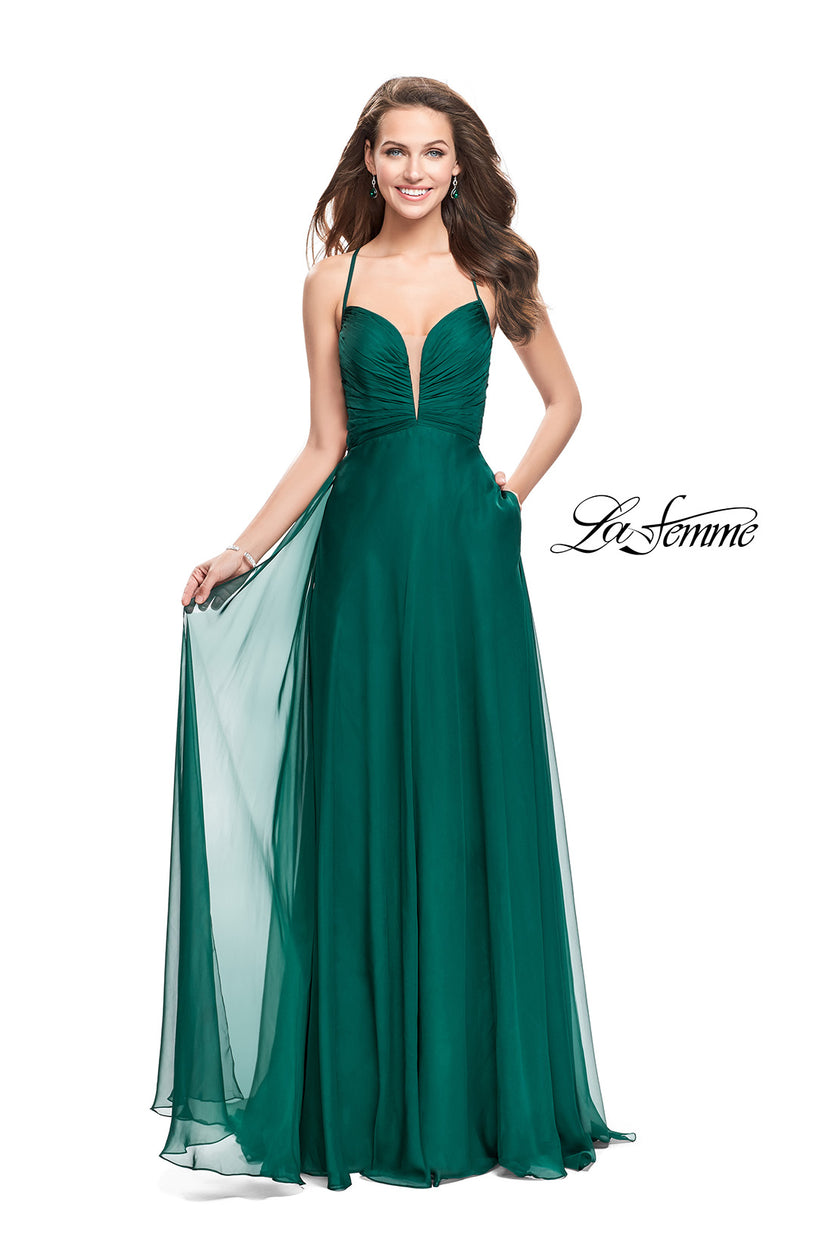 Picture of: A-line Prom Dress with Ruched Bodice and Pockets in Forest Green, Style: 26190, Detail Picture 1
