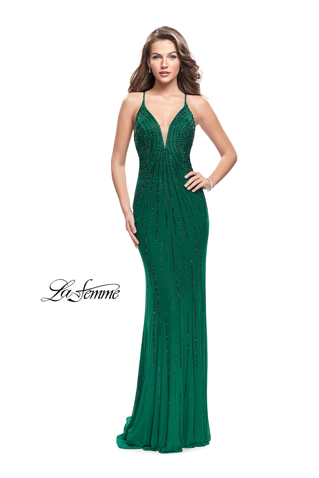Picture of: Long Metallic Beaded Prom Gown with Front Cut Outs in Forest Green, Style: 26300, Detail Picture 1