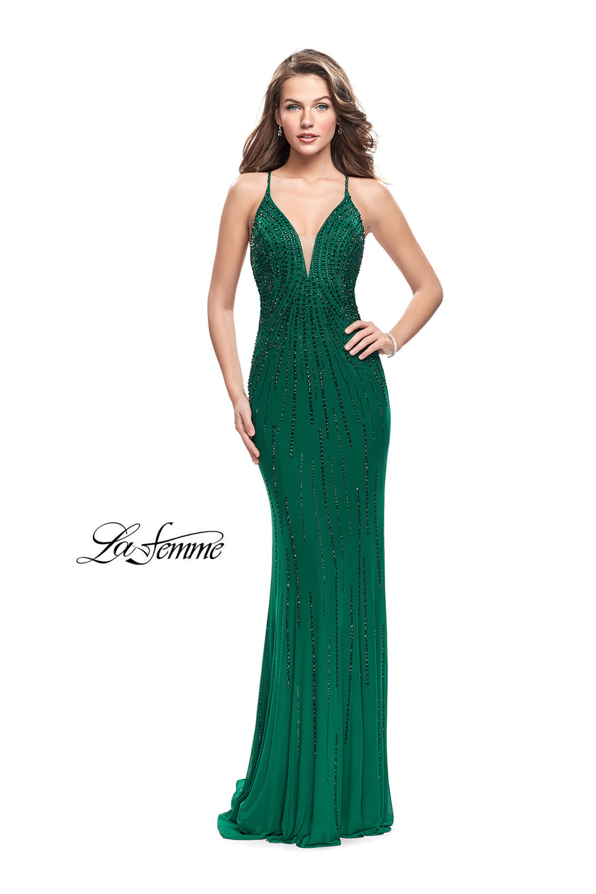 Picture of: Long Metallic Beaded Prom Gown with Front Cut Outs in Forest Green, Style: 26300, Detail Picture 1