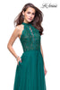 Picture of: Long A Line Chiffon Dress with Lace Up Neckline in Forest Green, Style: 25347, Detail Picture 2