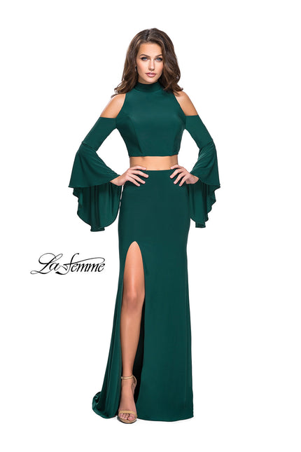 Picture of: Long Two Piece Dress with Cold Shoulders and Bell Sleeves in Forest Green, Style: 25353, Detail Picture 2