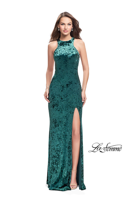Picture of: Crushed Velvet Prom Dress with High Neckline and Leg Slit in Forest Green, Style: 25734, Detail Picture 2