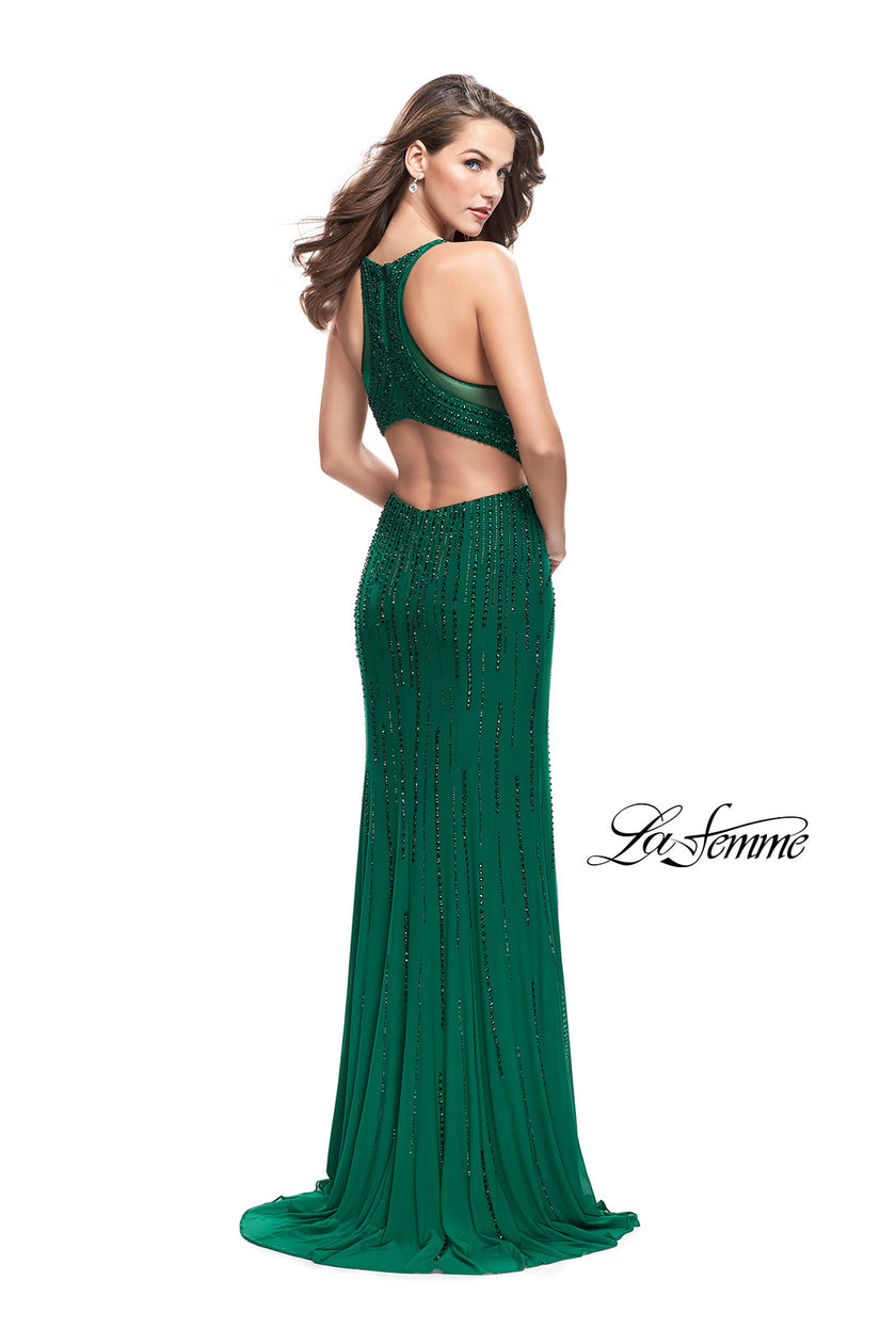 Picture of: Long Metallic Beaded Prom Gown with Front Cut Outs in Forest Green, Style: 26300, Detail Picture 2