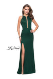 Picture of: High Neck Satin Gown with Leg Slit and Strappy Back in Forest Green, Style: 25962, Detail Picture 3