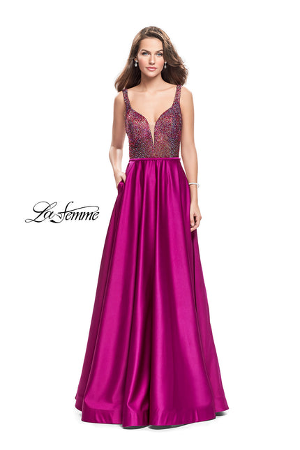 Picture of: Long Satin Dress with A Line Skirt and Beaded Top in Fuchsia, Style: 25348, Main Picture