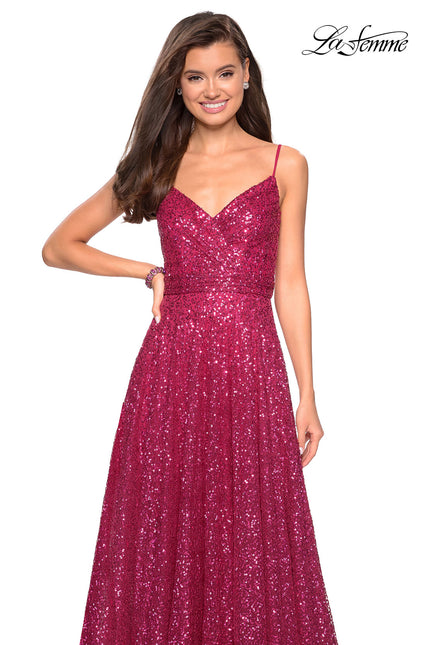 Picture of: sequin Empire Waist Prom Dress with V Back in Fuchsia, Style: 27747, Main Picture