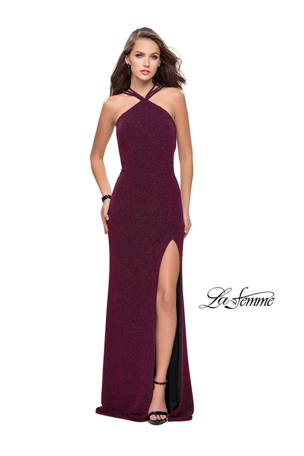 Picture of: Long Sparkly Dress with High Neckline and Side Slit in Fuschia, Style: 25346, Back Picture