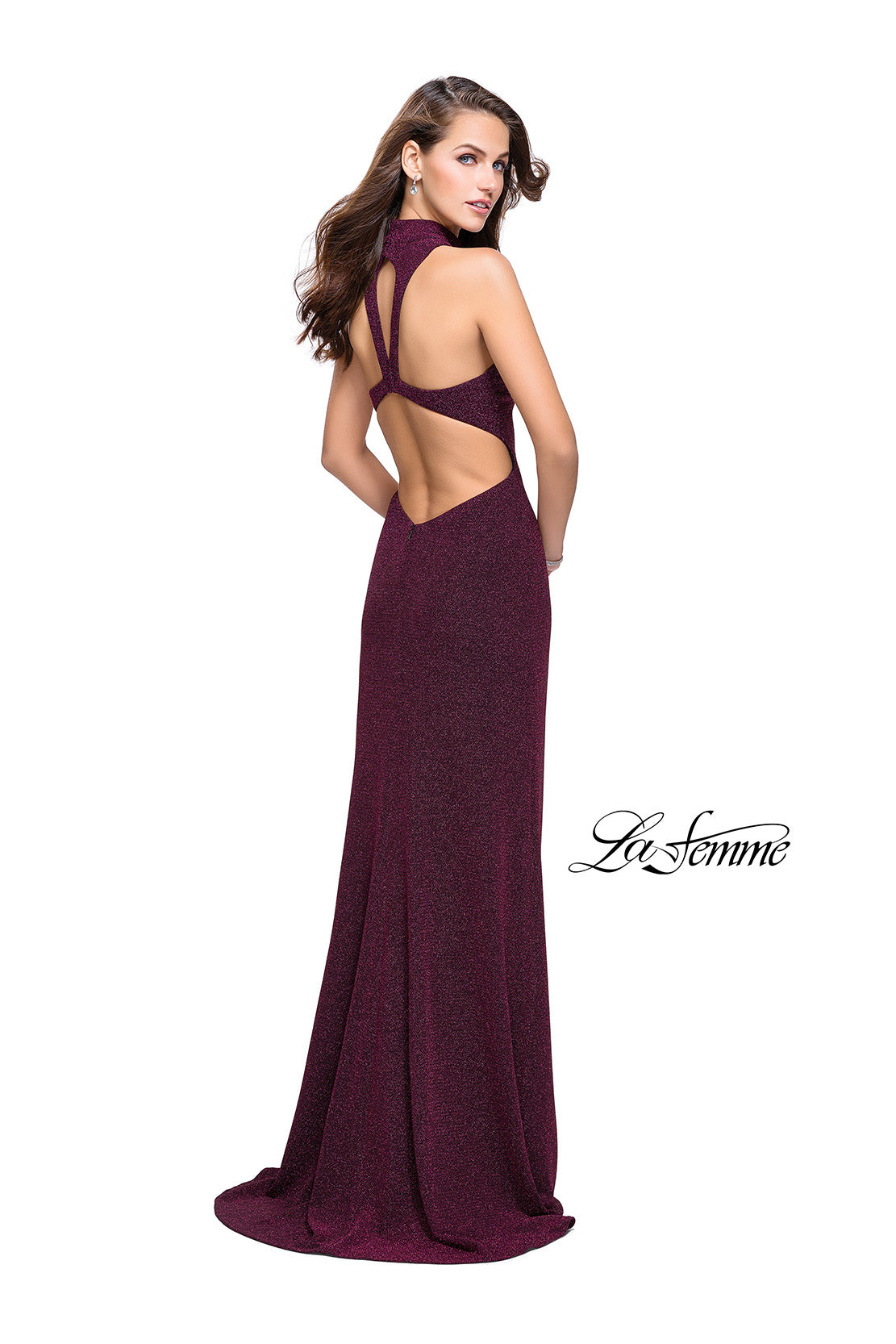 Picture of: Sparkly Jersey Long Dress with High Neckline and Front Slit in Fuchsia, Style: 25404, Back Picture