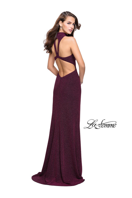 Picture of: Sparkly Jersey Long Dress with High Neckline and Front Slit in Fuchsia, Style: 25404, Back Picture