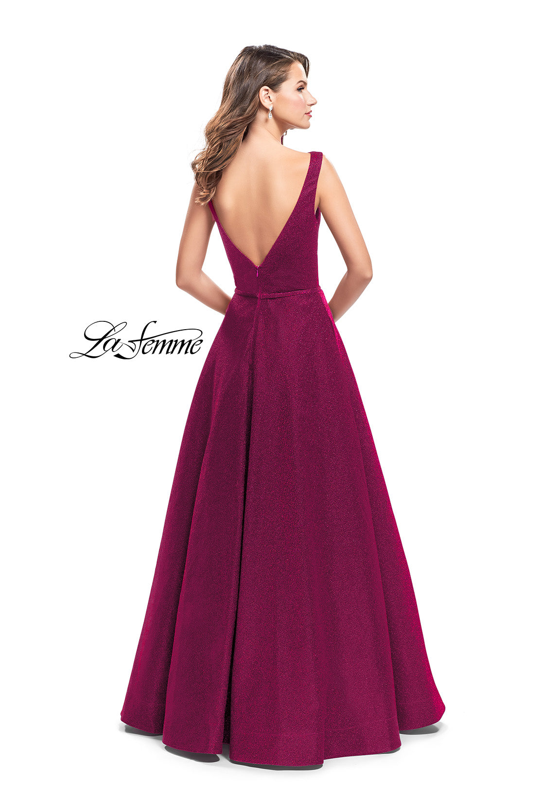 Picture of: High Neck Sparkling A-line Dress with Strappy Open Back in Fuchsia, Style: 25895, Back Picture