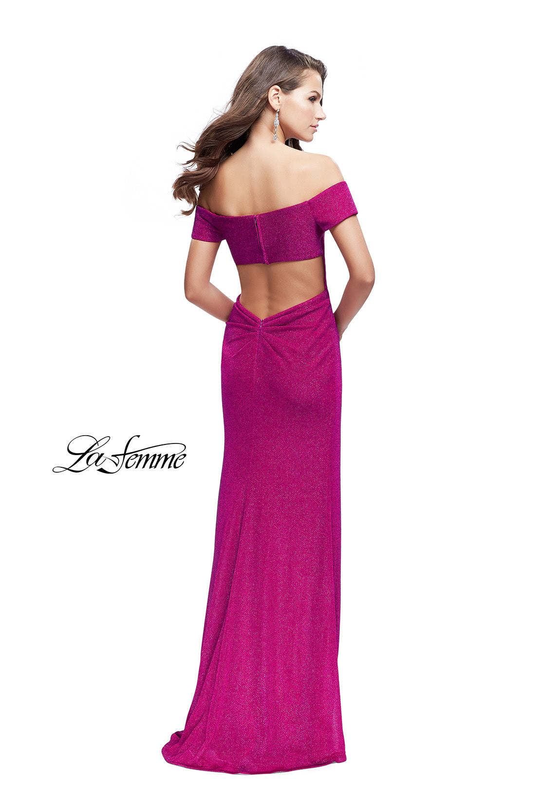 Picture of: Off the Shoulder Prom Dress with Wrap Side Leg Slit in Fuchsia, Style: 25955, Back Picture