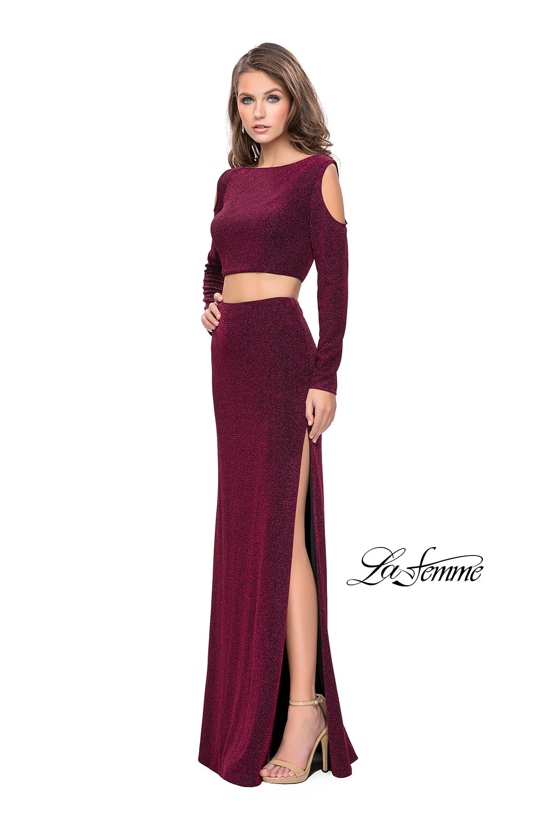 Picture of: Two Piece Cold Shoulder Prom Dress with Side Skirt Slit in Fuchsia, Style: 25256, Detail Picture 1