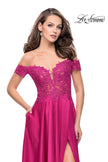 Picture of: A-line Off the Shoulder Satin Dress with Beaded Lace Bodice in Fuschia, Style: 25694, Detail Picture 1