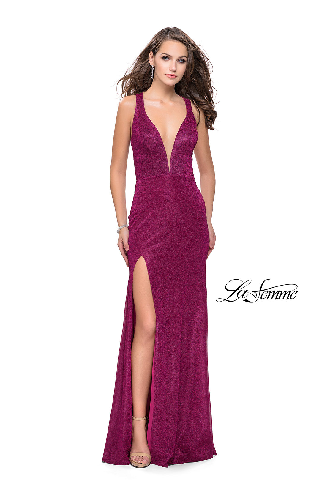 Picture of: Long Jersey Prom Dress with Racer Back and V Neckline in Fuchsia, Style: 25882, Detail Picture 1