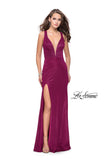 Picture of: Long Jersey Prom Dress with Racer Back and V Neckline in Fuchsia, Style: 25882, Detail Picture 1