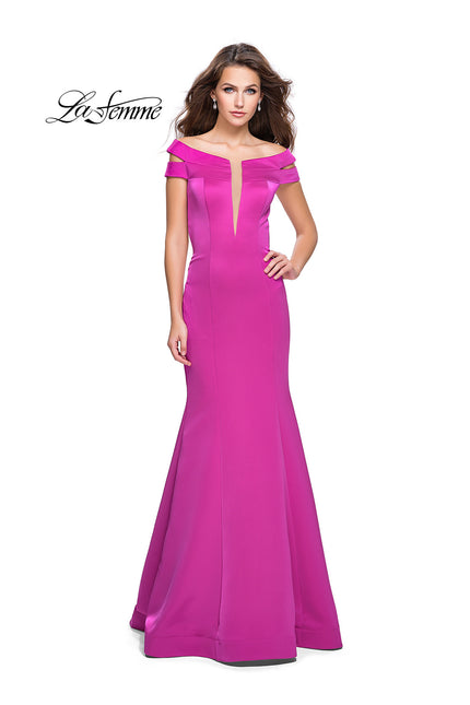 Picture of: Satin Off the Shoulder Mermaid Prom Dress with V Neck in Fuchsia, Style: 25903, Detail Picture 1