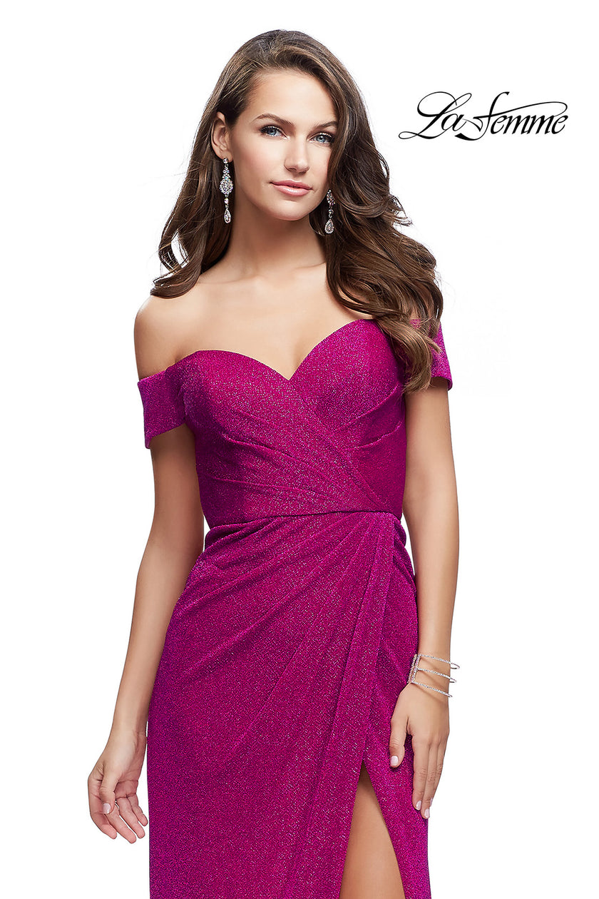 Picture of: Off the Shoulder Prom Dress with Wrap Side Leg Slit in Fuchsia, Style: 25955, Detail Picture 1