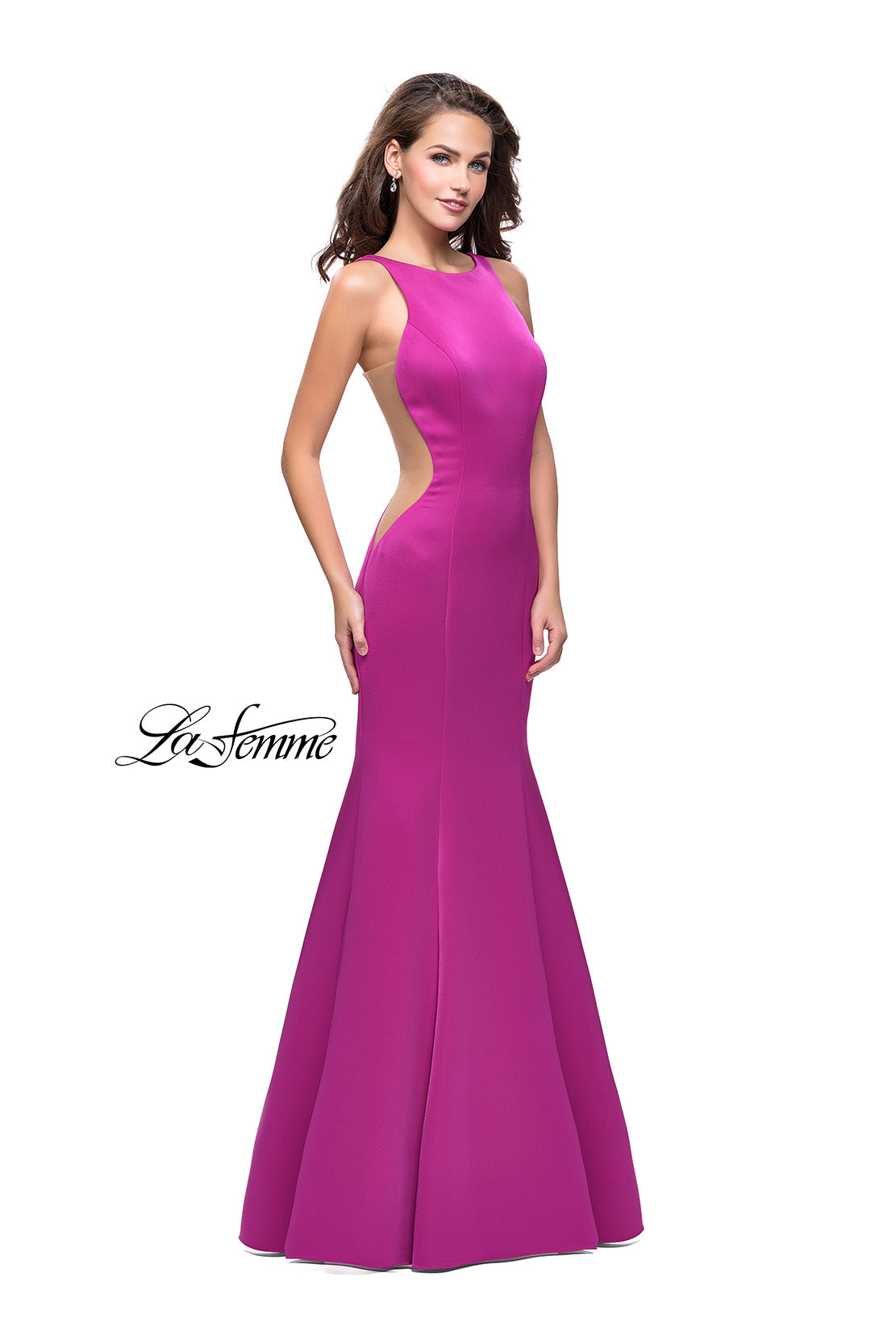 Picture of: Satin Mermaid Prom Gown with Mesh and Scoop Back in Fuchsia, Style: 26076, Detail Picture 1