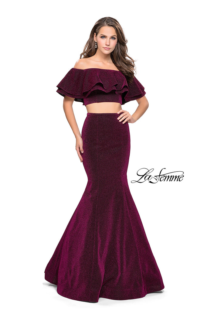 Picture of: Long Sparkling Off the Shoulder Jersey Prom Dress in Fuchsia, Style: 26324, Detail Picture 1