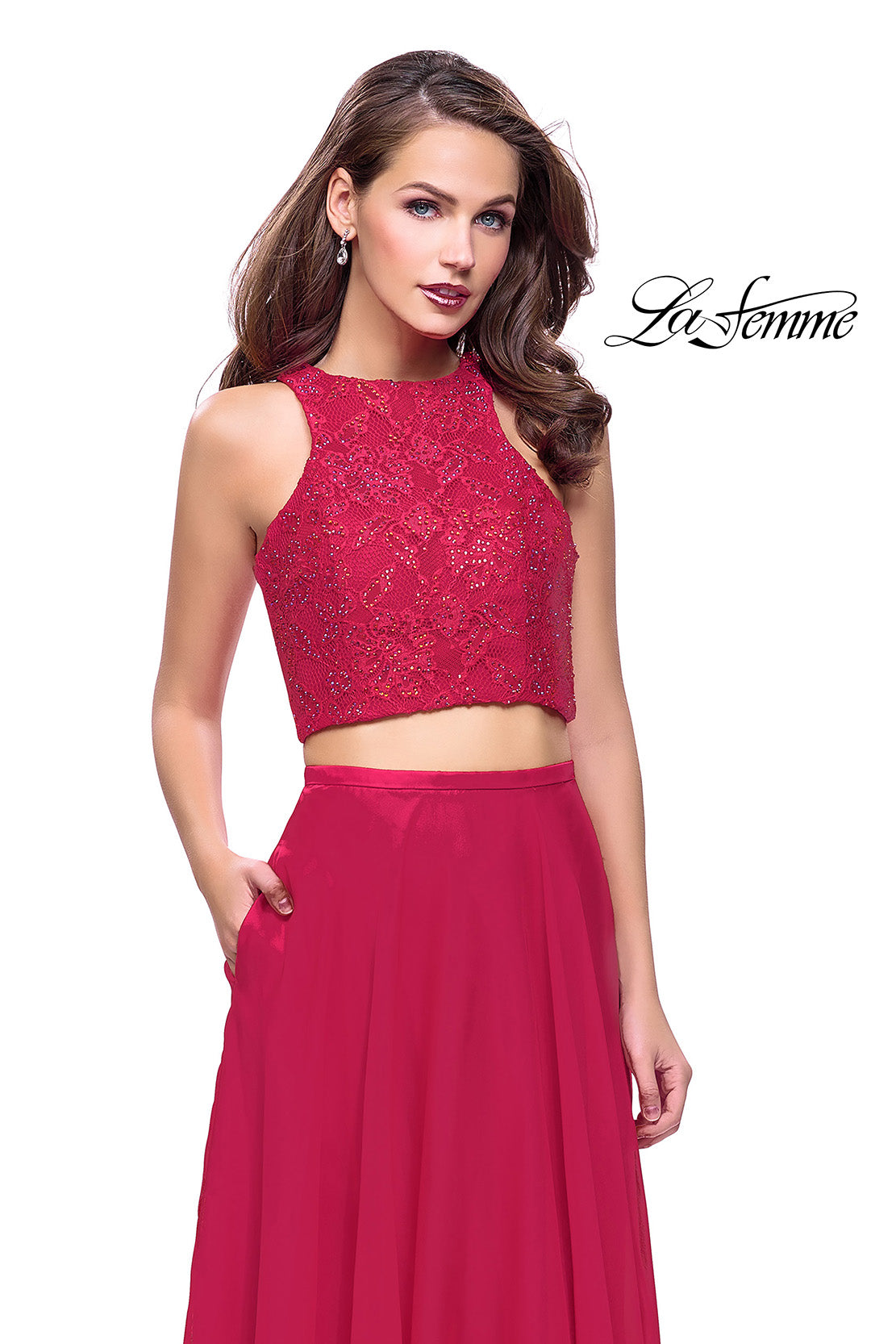 Picture of: Two Piece Prom Gown with Beaded lace Top and Pockets in Fuchsia, Style: 26087, Detail Picture 2