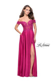 Picture of: A-line Off the Shoulder Satin Dress with Beaded Lace Bodice in Fuchsia, Style: 25694, Detail Picture 3