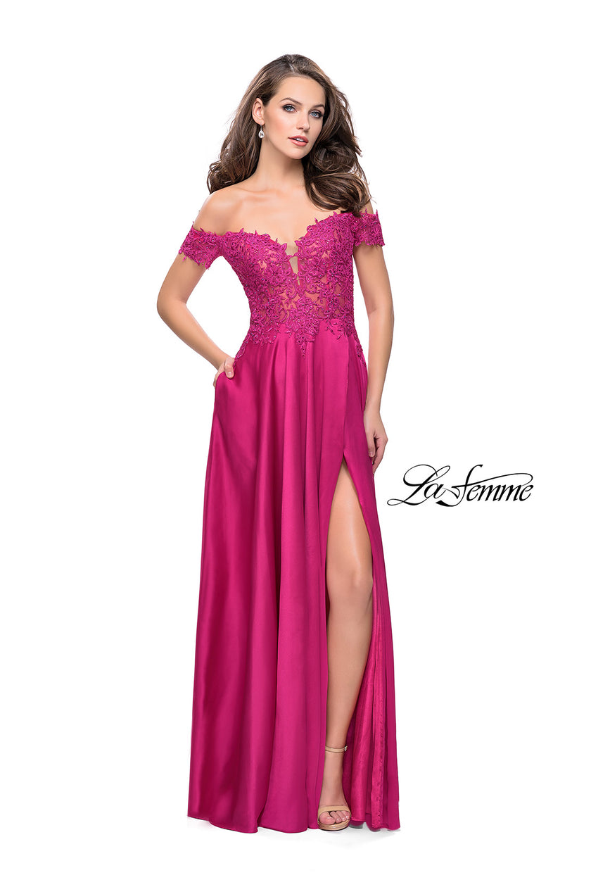 Picture of: A-line Off the Shoulder Satin Dress with Beaded Lace Bodice in Fuchsia, Style: 25694, Detail Picture 3