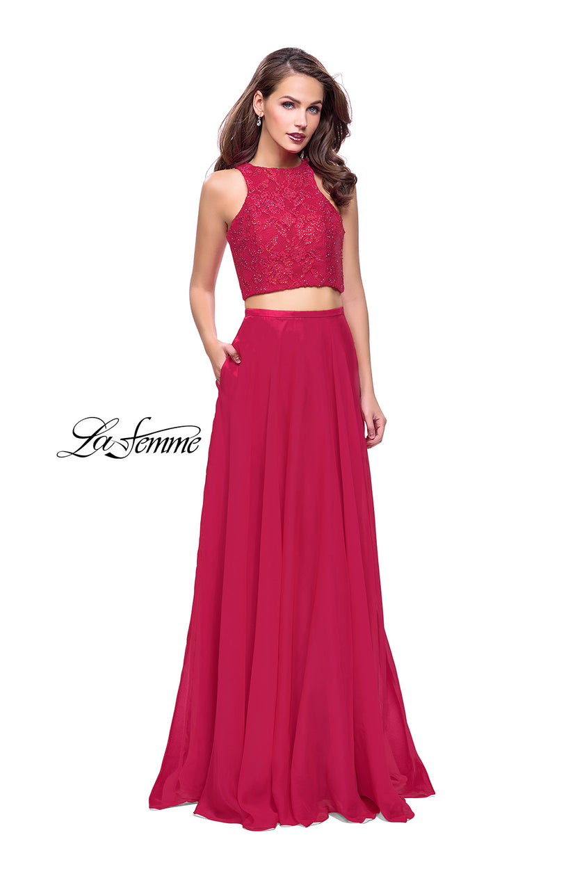 Picture of: Two Piece Prom Gown with Beaded lace Top and Pockets in Fuchsia, Style: 26087, Detail Picture 2