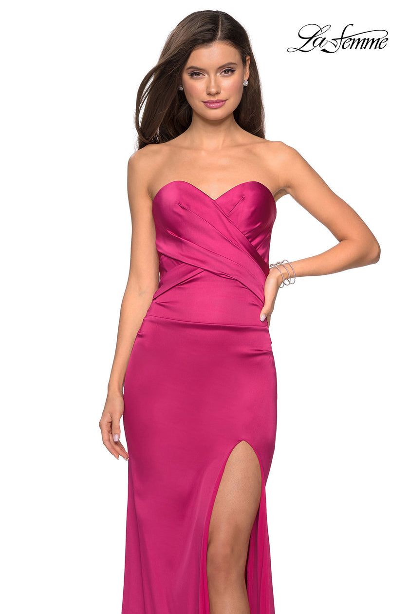 Picture of: Body Forming Strapless Satin Dress with Side Slit in Fuchsia, Style: 27780, Detail Picture 5