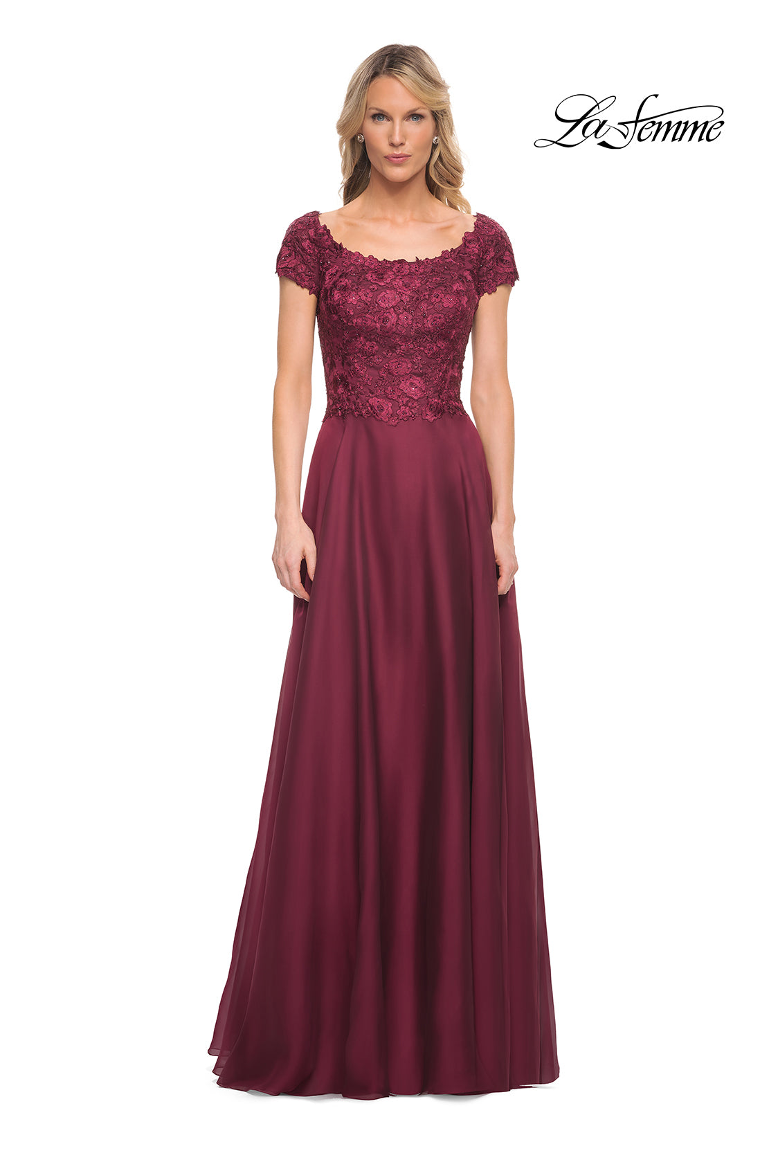 Picture of: Short Sleeve Chiffon Dress with Lace Bodice in Garnet, Style: 26550, Main Picture