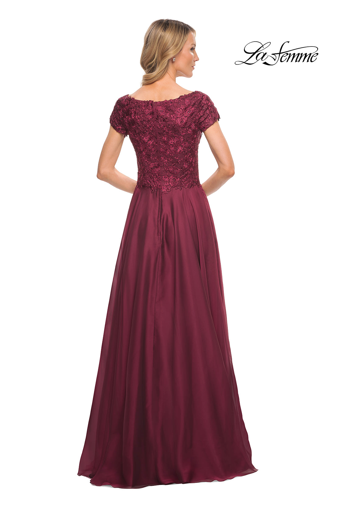 Picture of: Short Sleeve Chiffon Dress with Lace Bodice in Garnet, Style: 26550, Back Picture