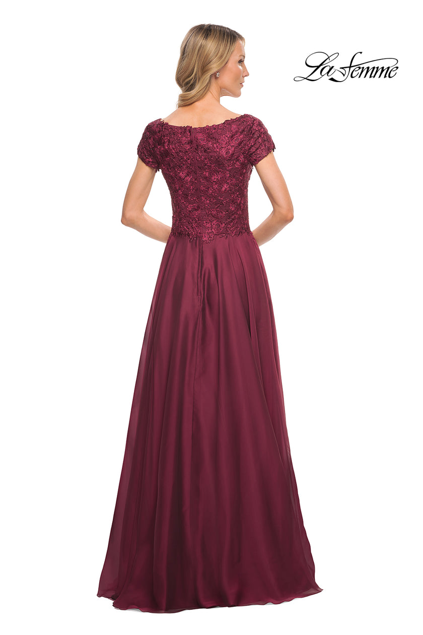 Picture of: Short Sleeve Chiffon Dress with Lace Bodice in Garnet, Style: 26550, Back Picture