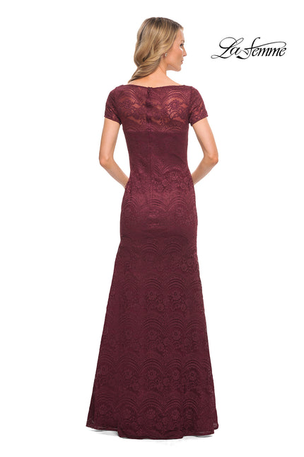 Picture of: Floor Length Lace Gown with Short Sleeves in Garnet, Style: 26875, Back Picture
